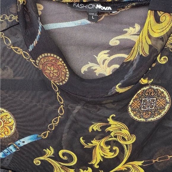 Fashion Nova Black Mesh Long Sleeve Top with Gold Baroque Print - Picture 4 of 7